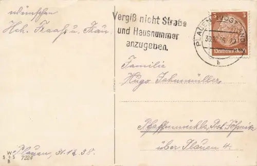 Frohe Fahrt Neue Jahr Eisenbahn Zug Postkarte 30.12. 1938 Plauen Vogtland