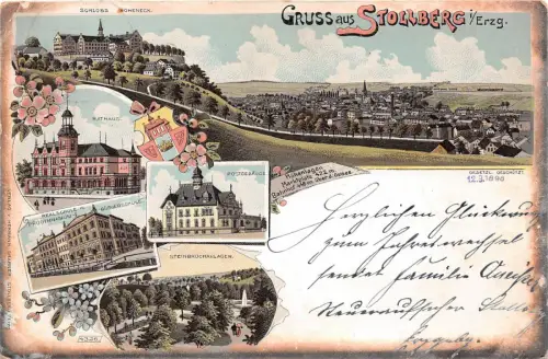 Gruss aus Stollberg Erzg. Realschule, Bahnhof, Postgebäude Litho Postkarte 1898