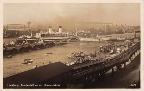 Hamburg Monteschiff an der Überseebrücke Postkarte AK