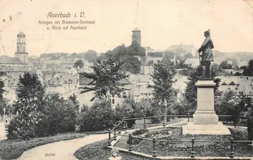 Stadtansicht und Bismarck-Denkmal Auerbach Vogtland Sachsen Postkarte AK 1912