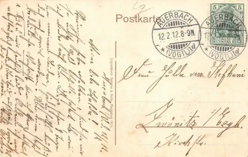 Stadtansicht und Bismarck-Denkmal Auerbach Vogtland Sachsen Postkarte AK 1912