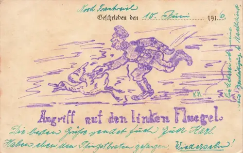 Handgemalte Feldpostkarte Skizze Soldat mit Gänse 1916