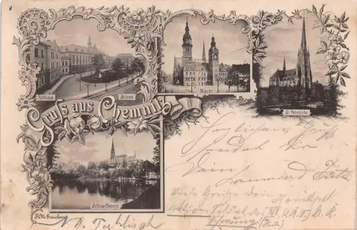 Gruss aus Chemnitz Rathaus Börse Markt Petrikirche Litho Postkarte 1899