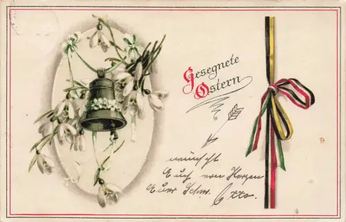 Gesegnete Ostern mit Glocke und Fähnchen Patriotika Postkarte AK 1917