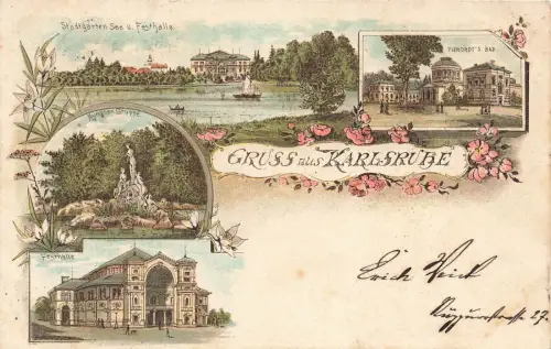 Festhalle und Vierordt's Bad in Karlsruhe Baden-Württemberg Litho AK 1898