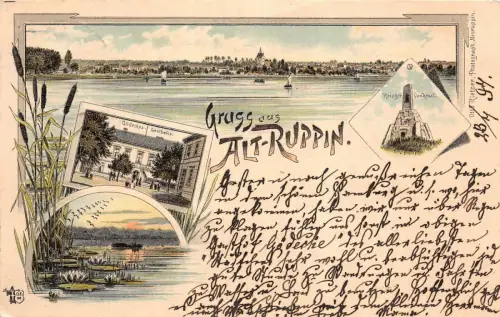 Gruss aus Alt-Ruppin Gödeckes-Gasthaus Kriegerdenkmal Postkarte AK 1897