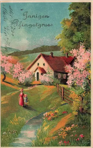 Innigen Pfingstgruss Idylle Landschaft Kinder blühende Bäume Postkarte AK 1917