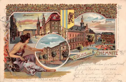 Gruss aus Chemnitz Hauptmarkt Rathaus Börse Kgl. Tech. Staatslehranstalt AK 1898