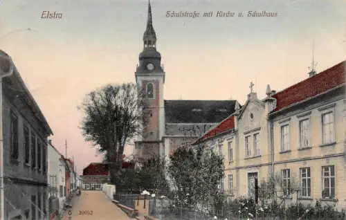 AK Elstra Bautzen Schulstrasse Kirche, Schulhaus 1911