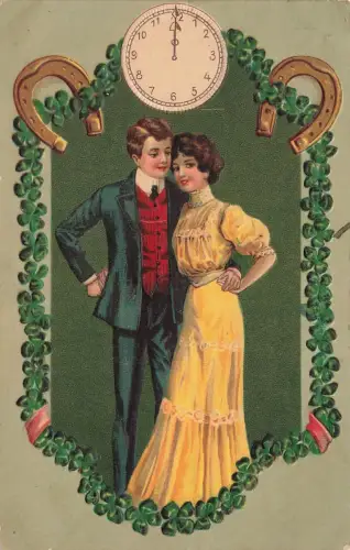 Mitternacht Uhr Hufeisen Mann Frau Anzug Kleid Neues Jahr Postkarte AK 1909