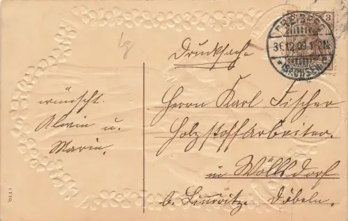 Mitternacht Uhr Hufeisen Mann Frau Anzug Kleid Neues Jahr Postkarte AK 1909