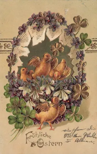 Fröhliche Ostern Küken Kleeblätter Blumen Ei Postkarte AK 1907