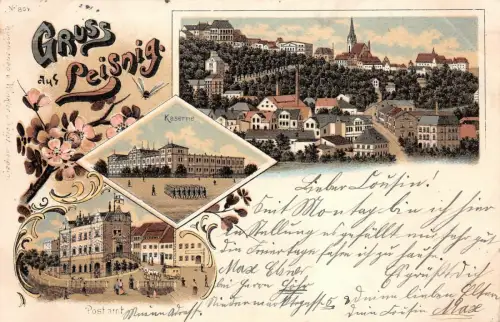 Gruss aus Peisnig Kaserne und Postamt Sachsen Litho AK 1899