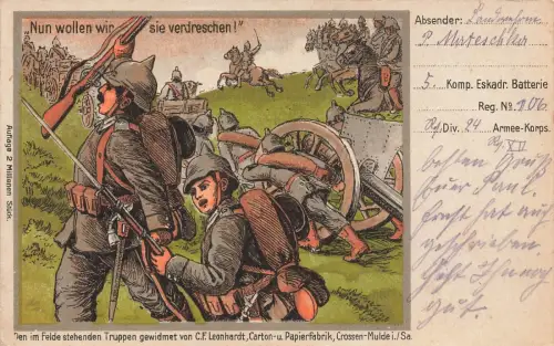 Nun wollen wir sie verdreschen! Soldaten im Felde, Geschütz Postkarte AK 1915
