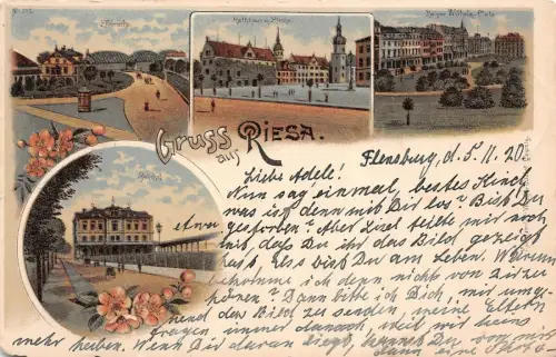 Gruss aus Riesa Elbbrücke Bahnhof Rathhaus Kirche Postkarte AK 1920