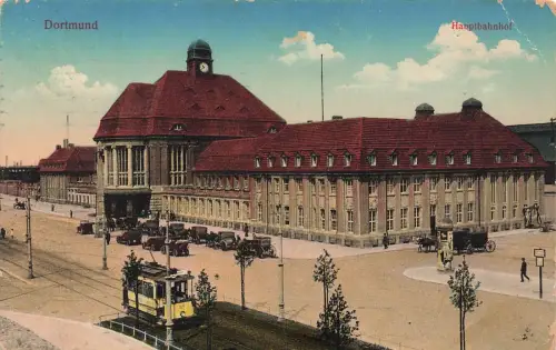 Hauptbahnhof mit Strassenbahn in Dortmund Nordrhein-Westfalen Postkarte AK 1915
