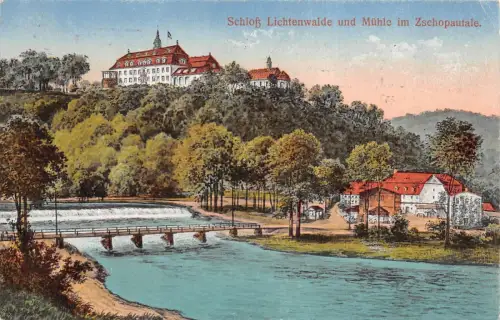 Schloss Lichtenwalde und Mühle im Zschopautale Postkarte AK 1922