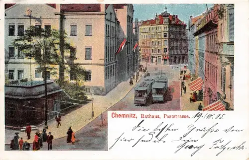 Straßenansicht Poststraße mit Rathaus in Chemnitz Sachsen Postkarte AK 1905