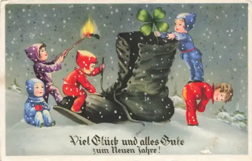 Neujahr Kinder mit der Schuh Dresden Postkarte 1936