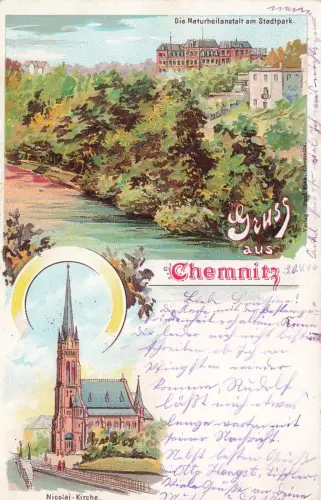 Naturheilanstalt und Nicolai-Kirche in Chemnitz Sachsen Litho Postkarte AK 1900