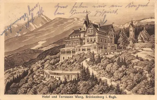 Hotel und Terrassen Wang Brückenberg i. Rsgb. Postkarte AK