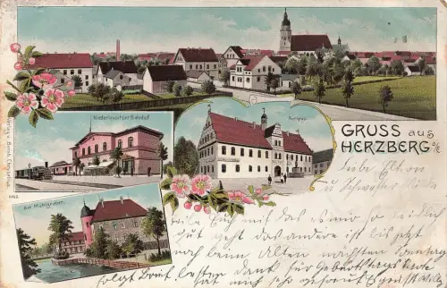 Niederlausitzer Bahnhof und Rathaus Herzberg Elster Brandenburg Litho AK 1904