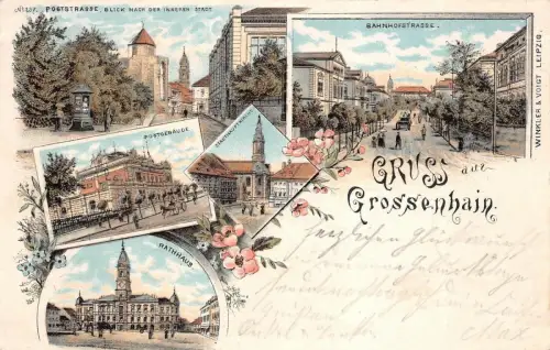 Gruss aus Grossenhain Poststrasse Postgebäude Rathhaus Postkarte AK 1902
