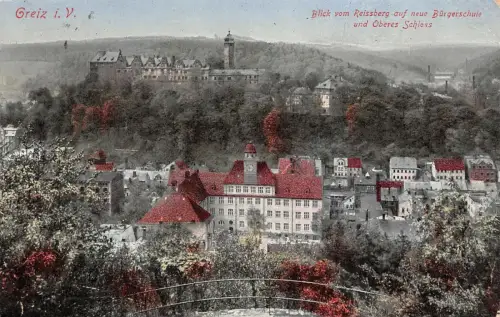 Greiz i. V. Blick vom Reissberg Bürgerschule Oberes Schloss AK 1925