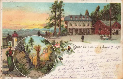 Restaurant und Schulzengrund Brand Sächsische Schweiz Litho Postkarte AK 1898