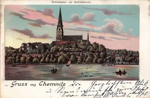Gruss aus Chemnitz Schlossteich mit Schlosskirche Sachsen Postkarte AK 1906