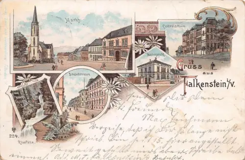 Gruss aus Falkenstein i./V. Markt Amtsgericht Centralschule Litho AK 1899