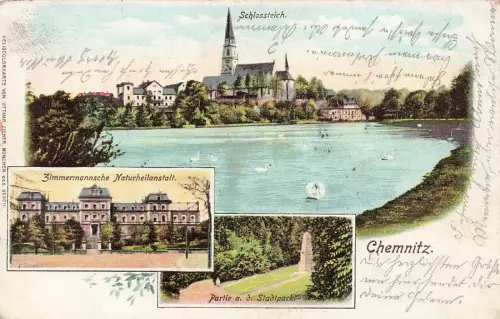 Schlossteich und Naturheilanstalt in Chemnitz Sachsen Postkarte AK 1903