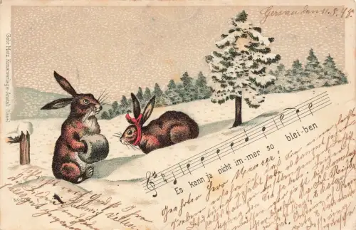 Es kann ja nicht immer so bleiben Lied Hasen Schnee Bäume Postkarte AK 1898