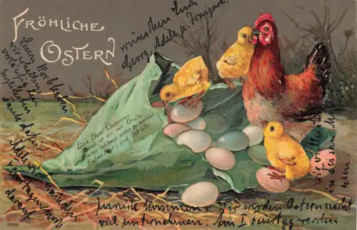 Fröhliche Ostern Huhn Küken Ostereier Stroh Postkarte AK 1905