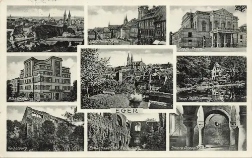 Panoramakarte mit Theater und Ringstraße Eger Böhmen Postkarte AK 1930