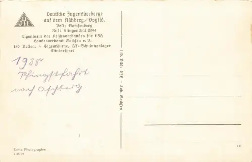 Deutsche Jugendherberge auf dem Aschberg Vogtland Sachsen Postkarte AK 1938