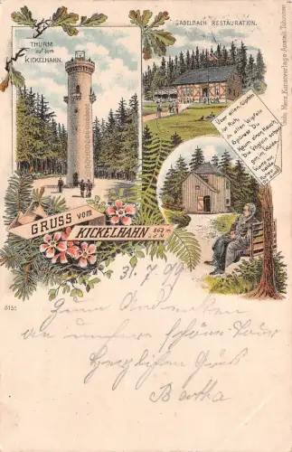 Gruss vom Kickelhahn Thurm Gabelbach Restauration Postkarte AK 1899