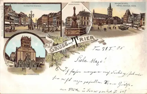 Gruss aus Trier Marktplatz Matthiaskirche Simeonstrasse Postkarte AK 1905