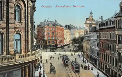 Johannisplatz mit Poststraße und Straßenbahn in Chemnitz Sachsen AK 1913
