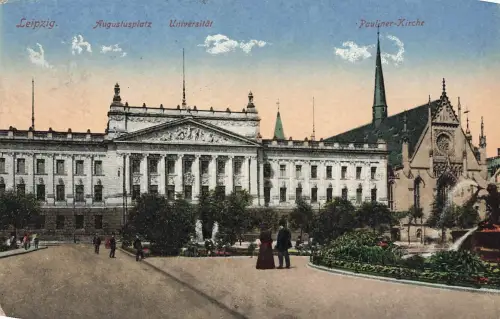 Universität, Pauliner Kirche und Augustusplatz Leipzig Sachsen Postkarte AK 1922