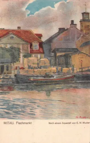 Mitau Fischmarkt Aquarell E. W. Muder Postkarte AK