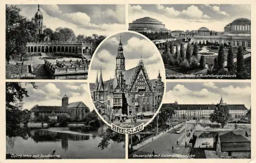 Breslau Rathaus Oderpartie Sandkirche Liebichshöhe Jahrhunderthalle AK 1939