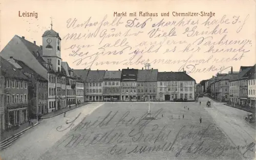Markt, Rathaus, Hotel goldener Löwe, Chemnitzer-Straße Leisnig Sachsen AK 1915