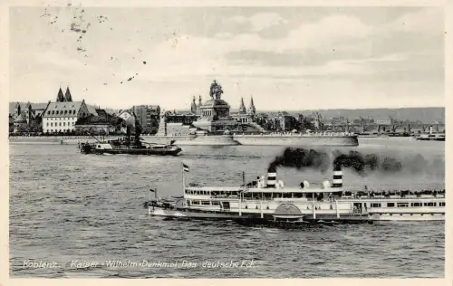 Koblenz Kaiser-Wilhelm-Denkmal Das deutsche Eck Dampfer Postkarte AK 1932
