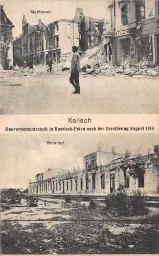 Kalisch Russisch - Polen Bahnhof, Marktplatz nach der Zerstörung 1914