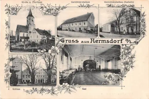 Gruss aus Hermsdorf O. Lausitz Gerichtskretscham Kirche 1913