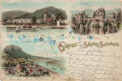 Gruß aus der sächs. Schweiz mit Schandau, Bastei, Königstein Sachsen AK 1901