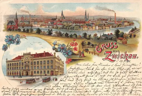 Gruss aus Zwickau Standansicht und Rathaus Sachsen Litho Postkarte AK 1898