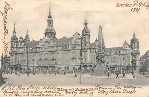 Schloss mit Wettinobelisk Dresden Sachsen Postkarte AK 1901