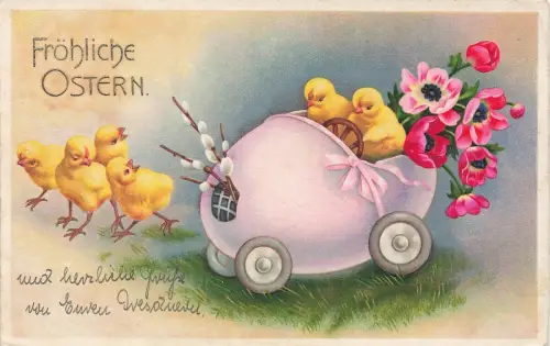 Fröhliche Ostern Küken Auto Postkarte Dresden 1940